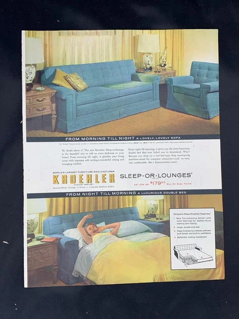 Magazine Ad* - 1956 - Kroehler Furniture - Sleep-or-Lounge - Mid Century Modern