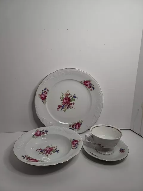 Wawel China Made in Poland Rose Pattern Service For 1 Plate, Bowl, Teacup Saucer