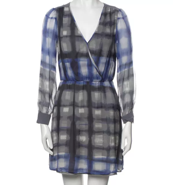 Cusp by Neiman Marcus Crossover Silk Dress Size XS Blue/Gray Check Print