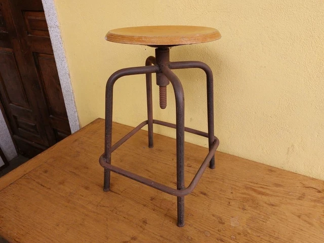 Vecchio Sgabello Industriale Anni '60 Gambe In Ferro Seduta Tonda Vintage 1