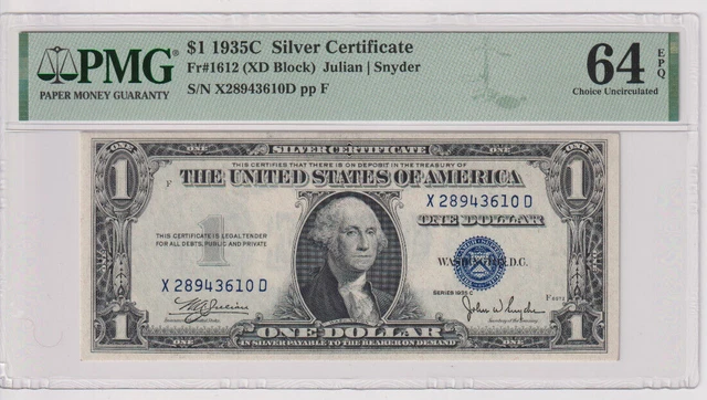 Fr 1612 1935C $1 SC X28943610D PMG 64EPQ CH CU 1935-C Silver Certificate