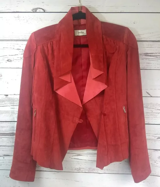 Neiman Marcus Womens Red Suede Jacket Size S Origami Pleats Zip Cuffs Pockets