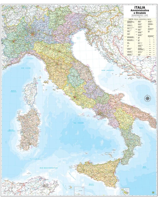 Carte Géographique Murale De L'Italie Physique Et Politique - Belletti - Dimensions 97 X 134 Cm - Pour école, Bureau, Décoration