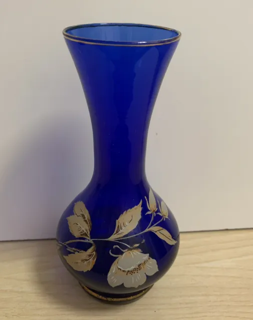 Cobalt Blue Glass Vase with Hand Painted Rose And leaves Height 6"