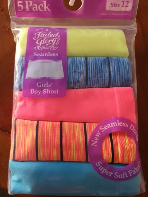 NEW Faded Glory Boy Shorts Underwear for Girls SOLIDS & STRIPES Size 12/ 5pack