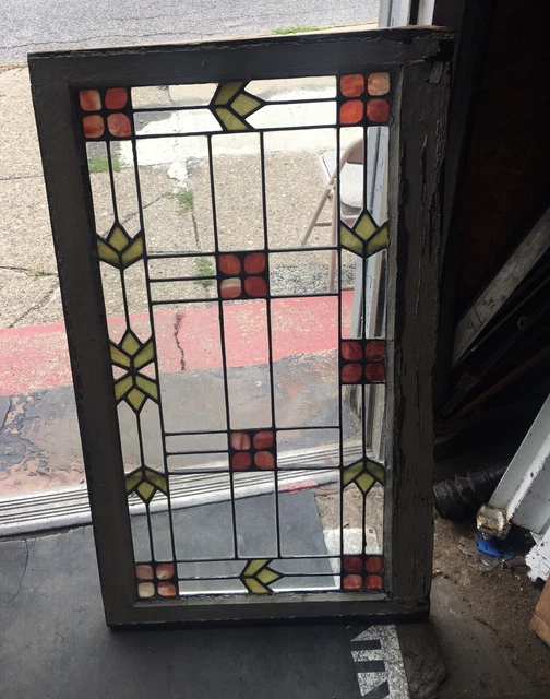 American Antique Leaded & Stained Glass Window In Arts And Crafts Style.