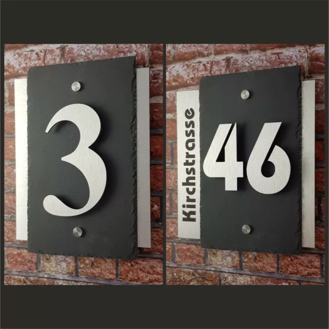 *3D Hausnummer Schiefer Edelstahl Design Hausnummernschild Zahlen Schieferplatte