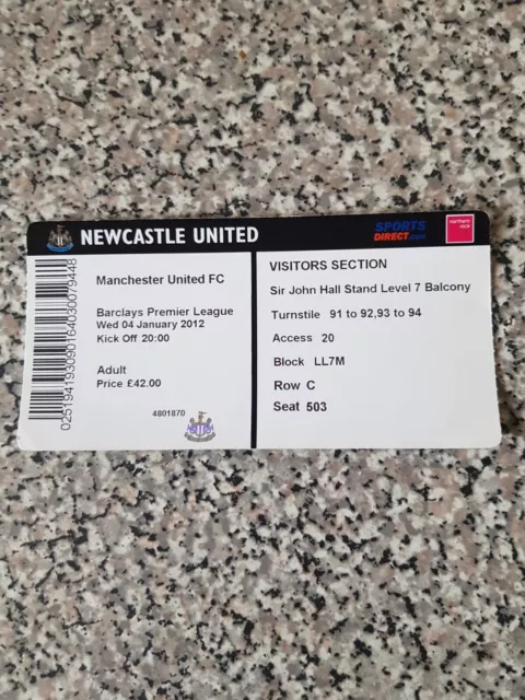 MATCH TICKET PREMIER LEAGUE NEWCASTLE V MAN UTD 4th jan 2012