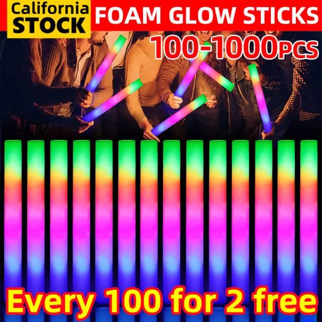 50- 1000 PCS Foam Light up Sticks Led Glow Stick Wand Flashing Party Rave  Batons