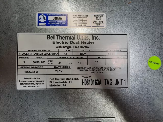 Bel Thermal Units Heater  C-24Bh-10-3  10Kw 480V 3Ph Made For First Company- Br2