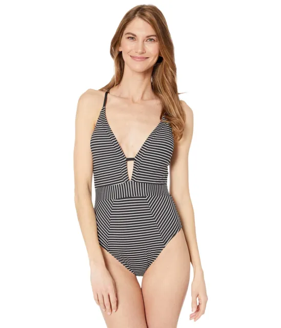 La Blanca Womens V-Front Keyhole Halter One Piece Swimsuit, Black/White//pin