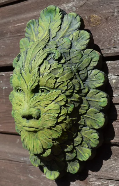 Feather green man wall plaque pagan STONE garden ornament 24cm/9.5"H +FREE GIFT!