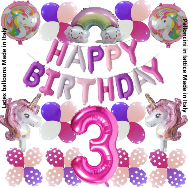 Palloncini decorazioni compleanno unicorno bambina 3 compleanno 3 anni set 51 pz