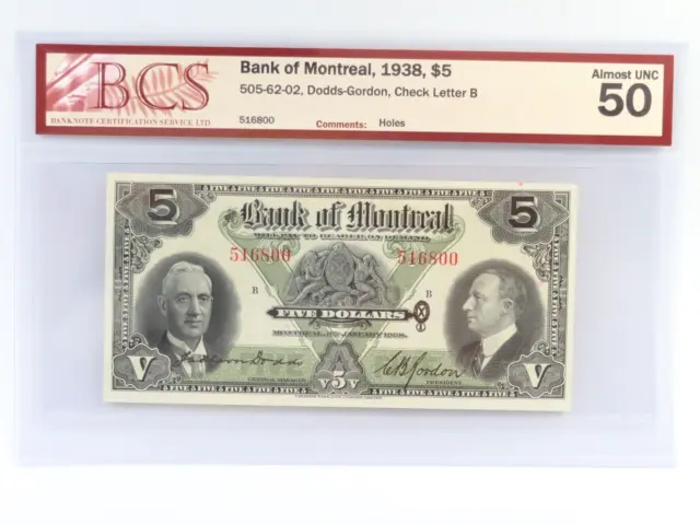 1938 Five Dollar $5 Bank of Montreal Banknote, Almost UNC 50