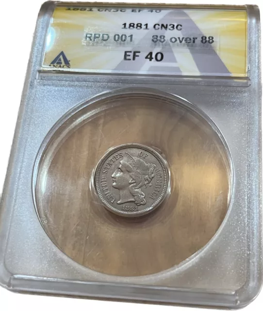 1881 3C Three Cent Nickel 88/88 RPD001 ANACS EF40 Key PROBLEM FREE Odd Type Coin