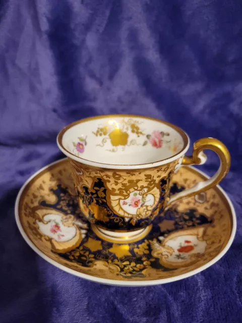 1800's Old Paris Porcelain Cup & Saucer Gilt Grapes Cobalt Blue Floral French