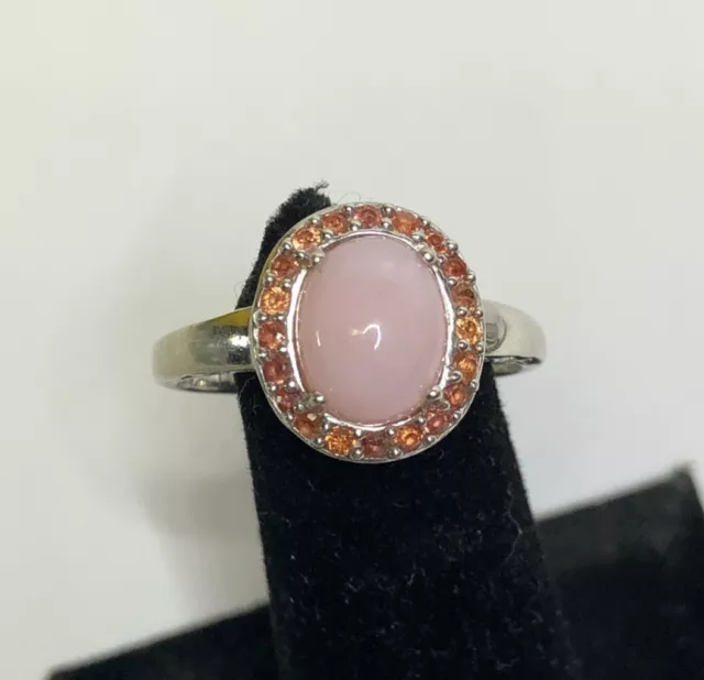 GS 14k White Gold Pink Cabochon Moonstone & Pinkish Topaz Halo Ring Size 10.25