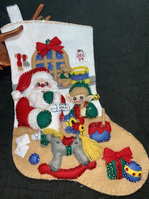 EXQUISITE Vintage Bucilla FINISHED Felt Sequin Christmas Stocking Santa WOWEE!!