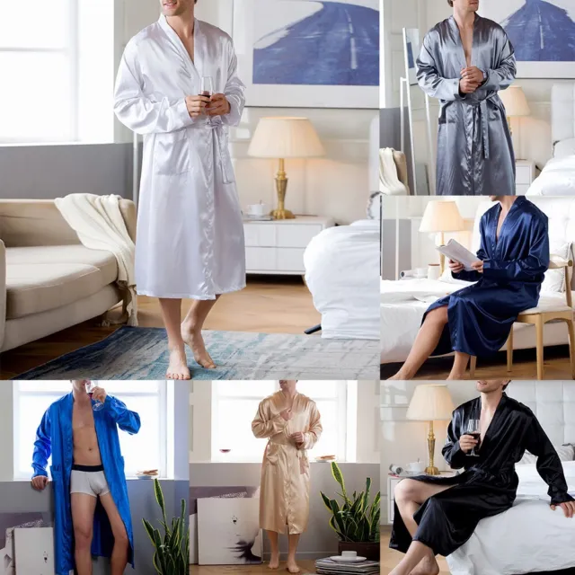 Hot Sale Mens Nightgown Sleepwear Pajamas Pocket Robe Nightwear Satin Kimono