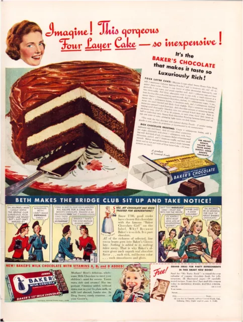 Print Ad Bakers Chocolate 1939 Layer Cake Full Page Large Magazine 10.5"x13.5"