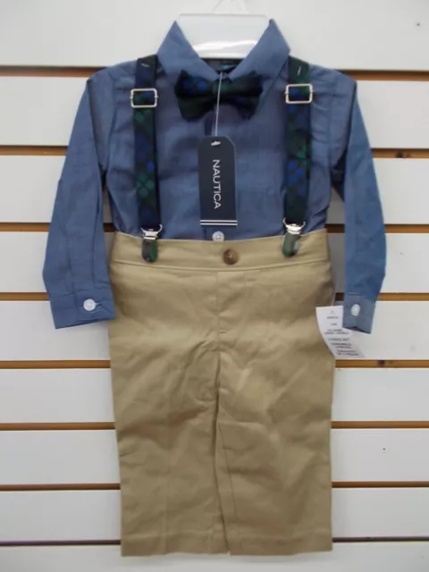 Infant Boys Nautica $50 4pc Chambray & Khaki Suit w/ Suspenders Size 3/6m - 6/9m