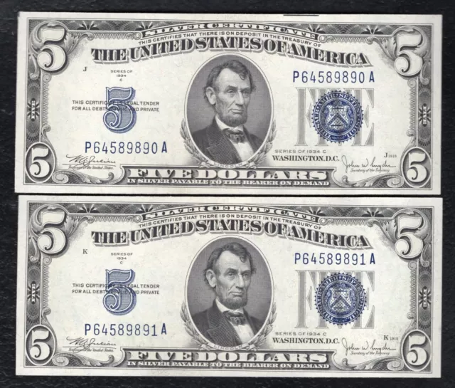 (2) Consecutive Fr. 1653 1934-C $5 Silver Certificates Notes Gem Uncirculated