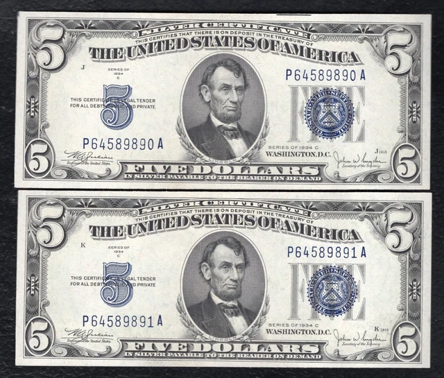(2) Consecutive Fr. 1653 1934-C $5 Silver Certificates Notes Gem Uncirculated