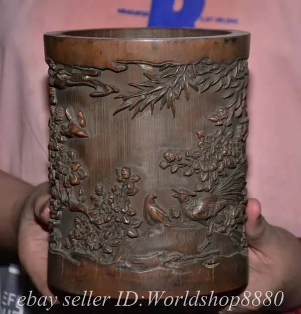 6.8" Old Chinese Bamboo root Carving Bamboo Phoenix Brush pot Pen container