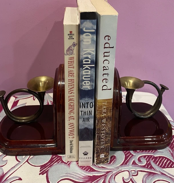 PAIR VTG  70s/80s Cherrywood & Brass French Horn Music BOOKENDS Korea
