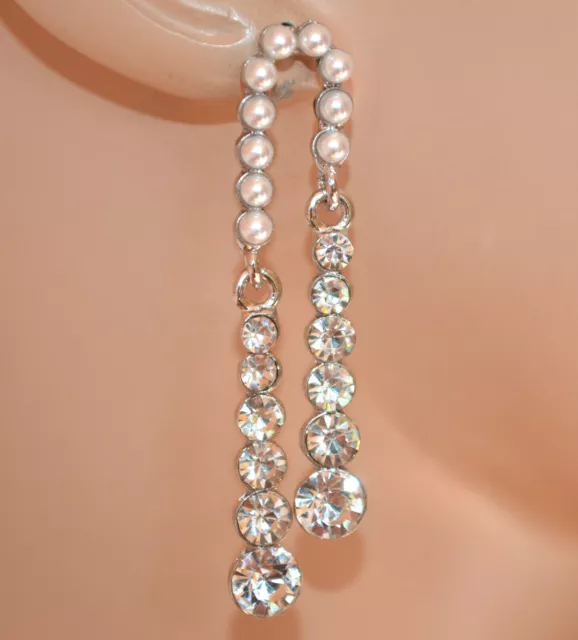 Orecchini donna argento perle strass pendenti lunghi cristalli perline UX44