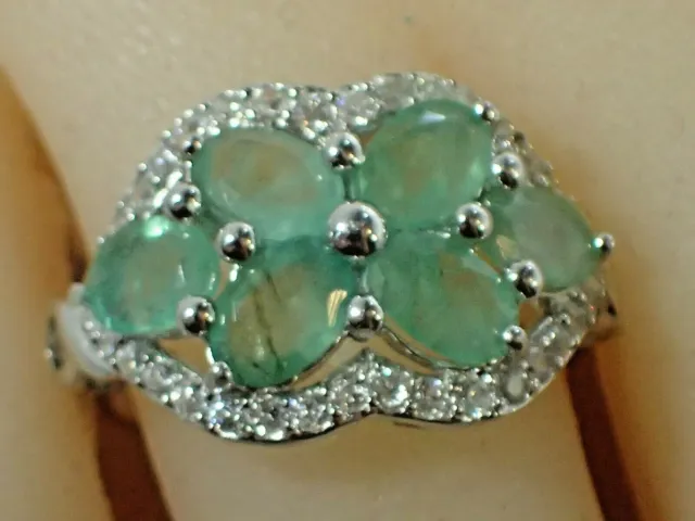 Top Columbian Emerald-White CZ .925 Silver 14k Gold Plated Size 7.5 Ring   #1311