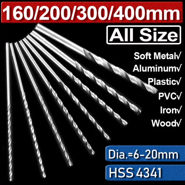 160-400mm Metal Drilling Extra Long High Speed Steel HSS Twist Drill Bits Bit