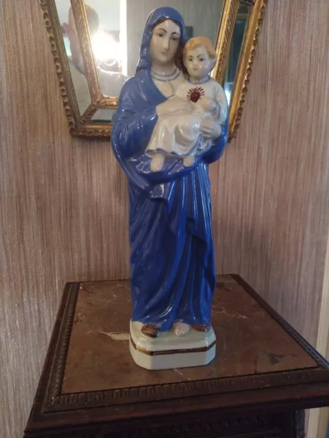 Grande Statuette Vierge à l'Enfant en Faïence