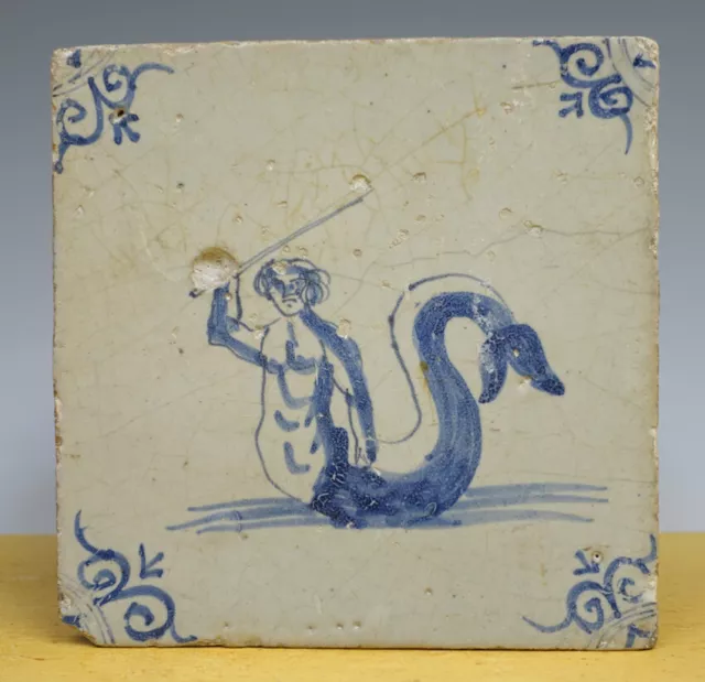 Antique Dutch Delft Tile Sea-Creature Whip Circa 1625-1650