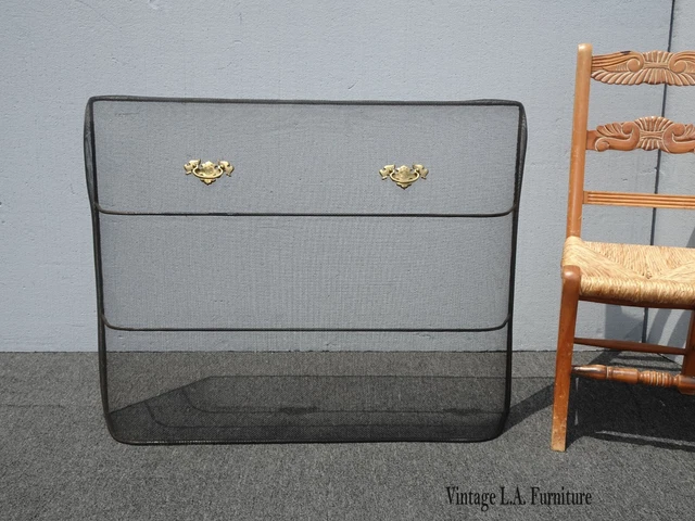 Large Curved Vintage Black Mesh Fireplace Screen with Two Brass Handles