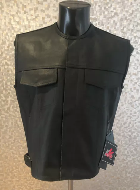 Mens Levi Motorcycle Motorbike Waistcoat Full Leather Black Vest Cut Zipper