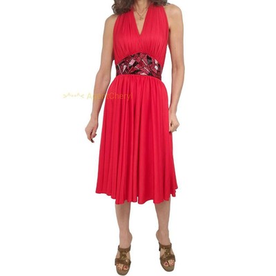 Vintage TADASHI Fits Small 4/6 Red Bead VNeck Halter Cocktail Dress Embellished