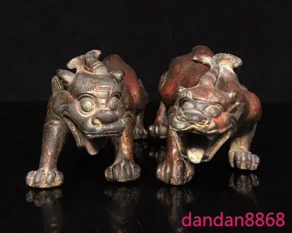 8.8'' old China bronze Gilt fengshui wealth Brave troops Pixiu Statue pair
