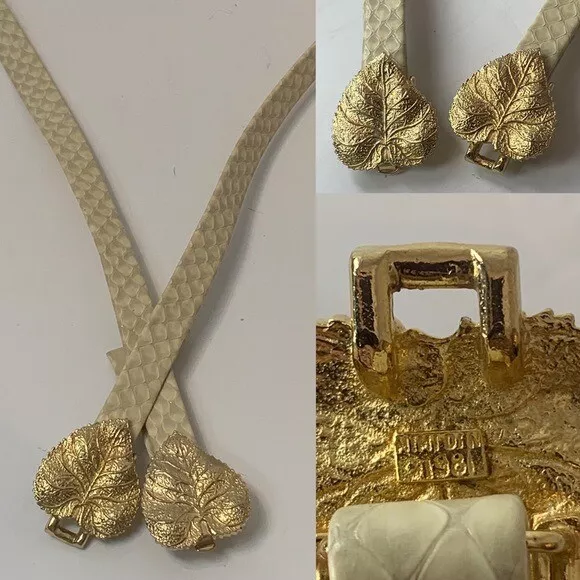 Vintage Mimi Di N 1981 snake Embossed Belt Skinny Ivory Gold leaf buckle Small