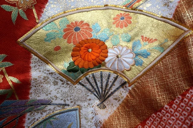 Japanese kimono SILK"FURISODE" long sleeves, Embroidery, Shibori, L64"..2726 6