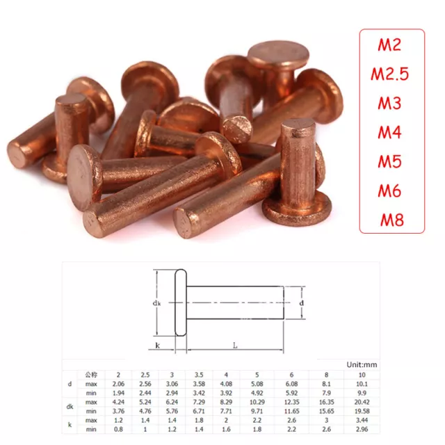 Solid Copper Rivets Flat Head Rivet M2 M2.5 M3 M4 M5 M6 M8 Percussion Threadless