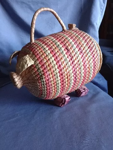 Large Pig Shaped Wicker Woven Basket Rattan Bag w/ Handles Vintage Handmade