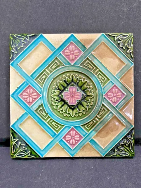 Old Vintage Rare Unique Handmade Beautiful Floral Design Ceramic Tile, Japan