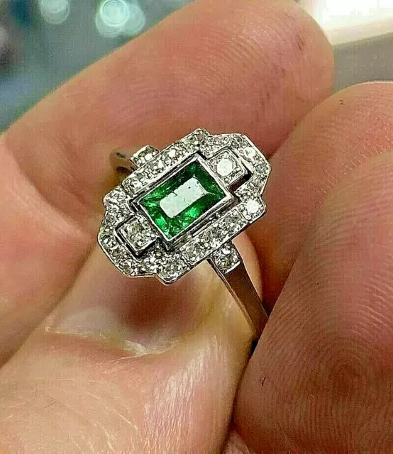 Art Deco Style  1.85 Ct Lab Created Diamond & Emerald Engagement 925 Silver Ring