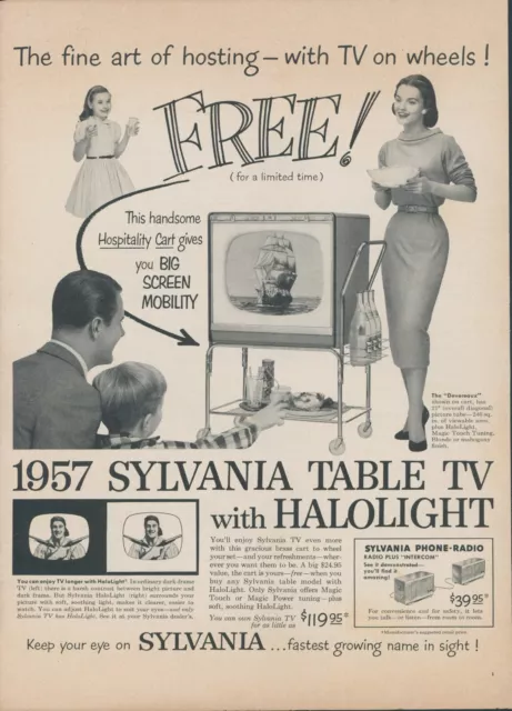 1957 Sylvania Table Television Cart Phone Radio 21 Inch TV Vintage Print Ad L10