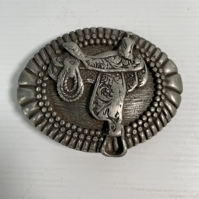 Ege @93 Pewter Oval Belt Buckle Saddle Horse Cowboy  USA 1990 Vintage