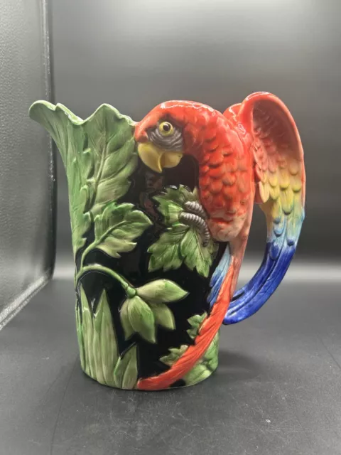 Vtg Fitz & Floyd Pottery Ceramic Colorful Macaw Parrot Pitcher 9" Tropical Decor