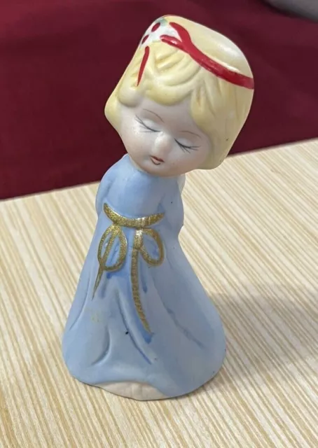 Jasco Porcelain Bashful Angel Bell Bisque Porcelain Light Blue Dress 