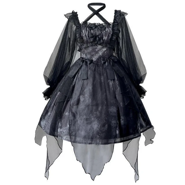 Donna Gotico Abito a Balze Rete Puff Maniche Fiocco Steampunk Cosplay Irregolare