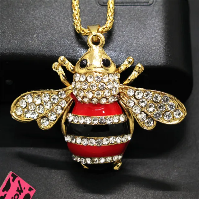New  Betsey Johnson Cute Red Enamel Bee Honey Crystal Pendant Chain Necklace
